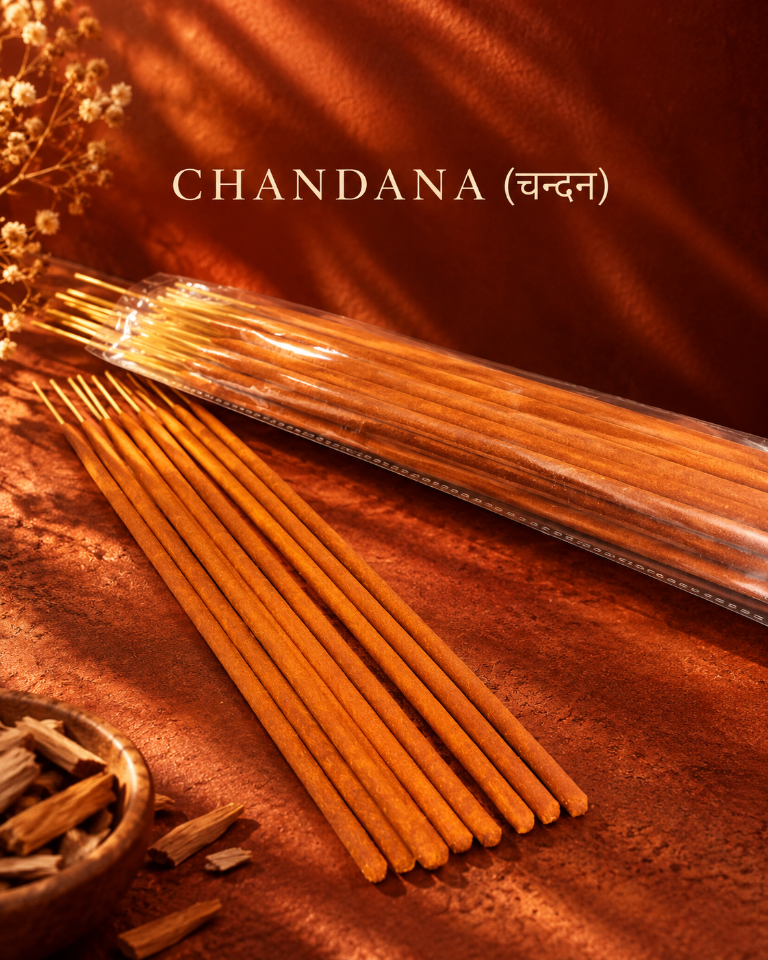 Chandana Sandalwood Incense Sticks by Ruhani in warm golden light