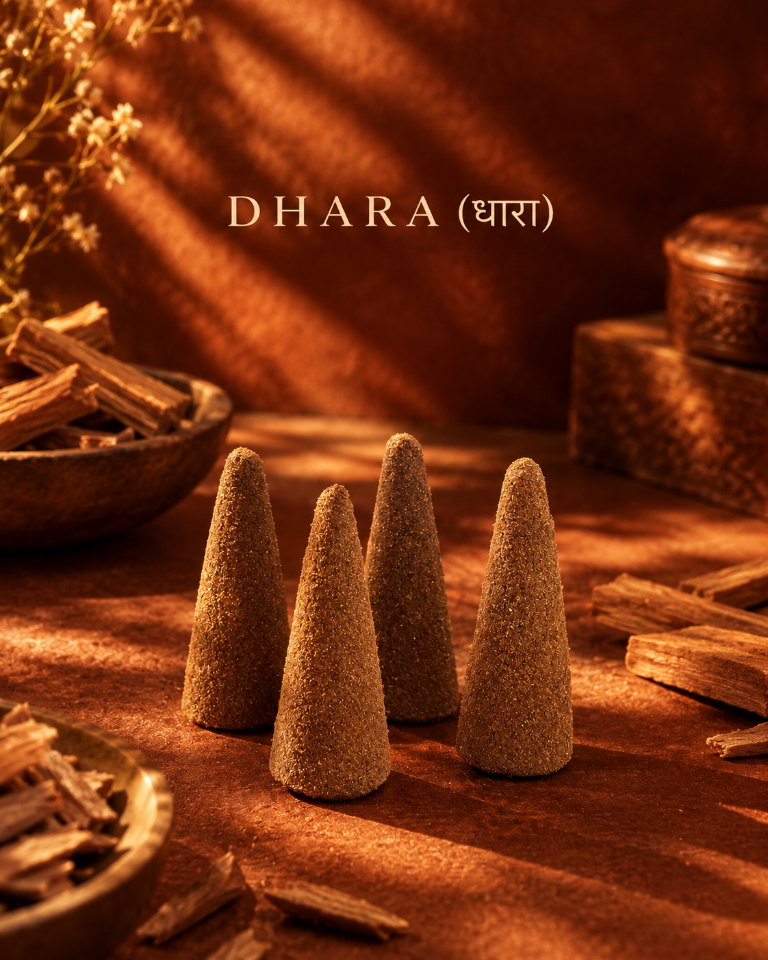 Dhara Sandalwood Dhoop Cones by Ruhani in warm golden light
