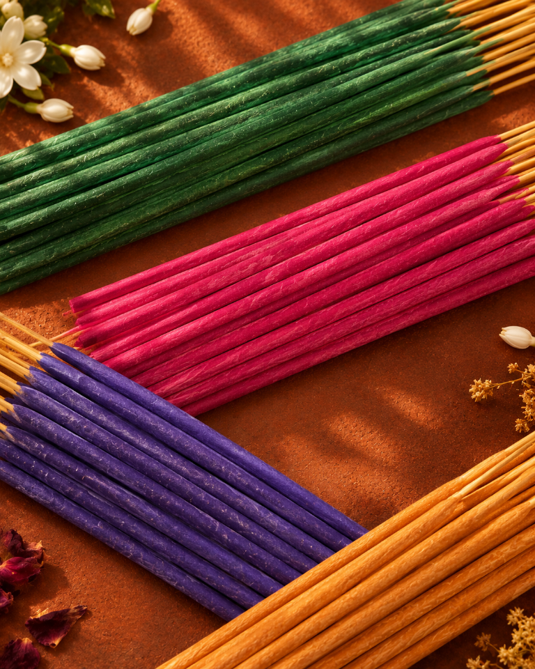 Ruhani incense sticks arranged with flowers in warm golden light