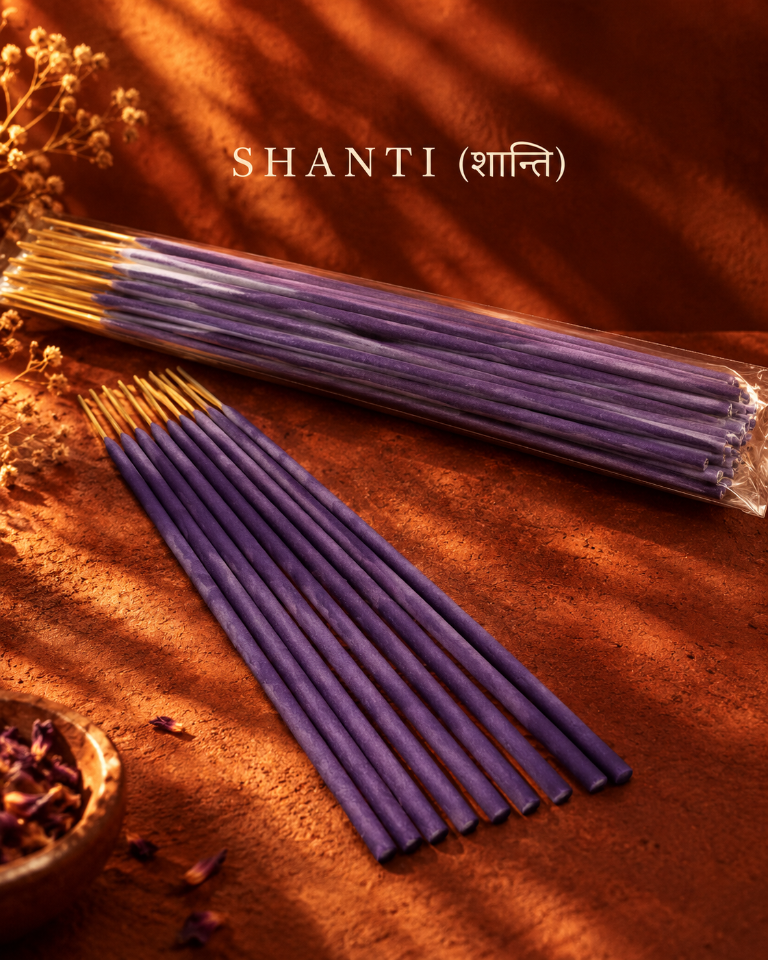 Shanti Lavender Incense Sticks by Ruhani in warm golden light